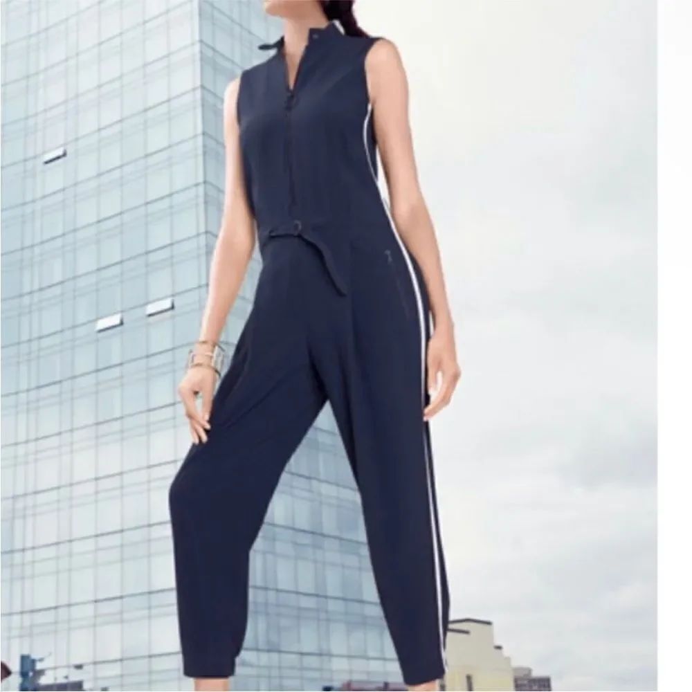 Akris Punto Front Zip Jumpsuit Navy Blue Mesh Side-Stripe Sleeveless Sz 6